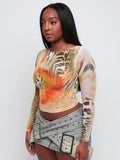 Has Q24TP573 Fashion Women's Clothing 2025 Autumn New Retro Printed Round-Neck Long-Sleeved