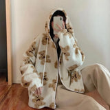 Cartoon Bear Lamb Wool Zip Up Hoodie Women's Sweatshirts Casual Oversized Brown Winter Clothes Women Jackets Cute Korean