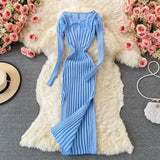 Women Korean Knitted Dress Long Sleeve O Neck Elastic Slim Pencil Dress Autumn Winter Sexy Bodycon Split Sweater