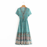 Floral print summer beach Bohemian dress for women Ladies V-neck short sleeve dress female Robe Boho hippie dress