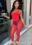 Sexy Sleeveless High Waist Solid Mesh Skinny Two Piece Pants