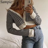 Houndstooth Sexy Long Sleeve Knitted Sweater Cardigan Women Fashion Casual Beige V Neck Sweaters Ladies Autumn Winter