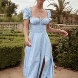 2022 Off Shoulder Print Floral Sexy Dress Women Vintage Elegant High Split Sundress Ruched Drawstring Casual Maxi