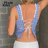 Gingham Crop Tops Summer Y2k Clothes Women Lace Trim Button Up Square Neck Backless Tank Top Cute Girls 319-1-Outfit