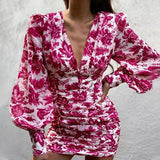 ArtsuWomen Sexy Deep V Neck Floral Print Dresses Long Lantern Sleeve Ruched Dress Elegant Female Bodycon Party Dress
