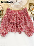 Plaid V Neck Blouses 2022 Fashion Korean Off Shoulder Bandage Blouse Cute Feminine Elegant Puff Sleeve Ruffle Top