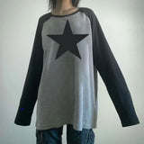Grunge Star Print T-shirts Y2k Aesthetics Patchwork Pullover Harajuku Preppy Sweats Tops Lazy Style Oversized