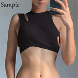 Fashion Women O Neck Mini Short Sleeveless Knit Ribber Crop Tops Skinny Black Hollow Out Streetwear Y2K Tank Tops