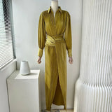 Vintage Yellow Dress For Women Lapel Long Sleeve High Waist Ruched Solid Midi Dresses Female Spring Clothing