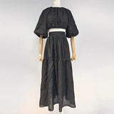 Solid Two Piece Set Womens Round Neck Puff Sleeve Bandage Tops High Waist Loose Midi Skirts Female Sets Fashion