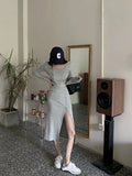 New Suit Hottie Exposed Umbilled Long-Sleeved Top + High Waist Open Half-Body Bag Skirt Two