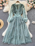 See Through Long Lantern Sleeve Embroideried Dress Women's V-Neck Sequins Flower Embroidery A-Line Princess Dress