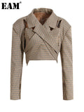 Women Khaki Plaid Irregular Short Blazer New Lapel Long Sleeve Loose Fit Jacket Fashion Tide Spring Autumn 2023