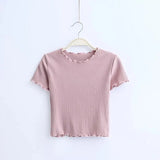 Wood ears O neck Short sleeve T-shirt 2023 New Woman Slim Fit t shirt tight tee Summer Retro Tops 6 colors-Outfit