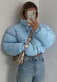 Casual Blue Stand Collar Long Sleeve Short Padding