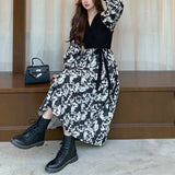 Two Pieces Broken Flowers Patchwork Dresses Female Clothing Elegant V-Neck Spring Autumn Fashion Drawstring Bow Midi