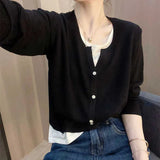 Two V-Neck Knitted Women's 2025 New Loose Thin Tops Long-Sleeved Sweater Bottom