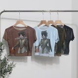 Front Double-Layer Mesh Hot Wood Ear Print Short-Cut Umbilly T-Shirt