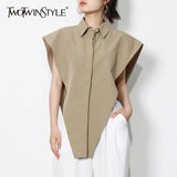 Casual Solid Shirt For Women Lapel Sleeveless Loose Minimalist Irregular Blouse Female Fashion New Clothing