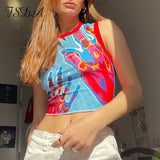 2021 Summer Y2K Print Crop Top Women Green Sleeveless Casual Fashion 90S Off Shoulder Red Sexy Tank