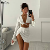2022 Long Sleeve Sexy Dress Sets Women Mini Skirts And V Neck Crop Top Fashion Street Elegant Dress Suits Club