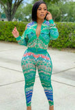 Print Green Cut Out Zipper Jacket and Matching Pants