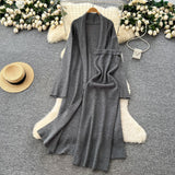 Simple Style Solid Knitted Light Sister Suit Girl Winter Body-Clamping T-Shirt Dress With Long Open Shirt