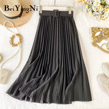 2020 Autumn Summer Women Skirt Midi With Belt Pleated Female Skirts Casual Luxury Korean Faldas Ladies Saias Chic