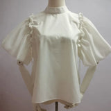 Casual Solid Shirt For Women Stand Collar Loose Short Sleeve Pacthwork Diamonds Tassel Blouses Female Fashion