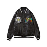 Bomber Jacket women Daisy Embroidery Letter PU Leather Patchwork Autumn jacket College style Men's Baseball
