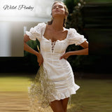 Women Summer Casual Boho Tie Up Solid Dress Bodycon Party Beach Dresses Sundress Ruffles White Cotton Dress