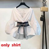 2022 Spring 2 Pcs Suits Women's Striped Bow Lantern Sleeve Blouse Black Split Flare Sleeve two piece set top and