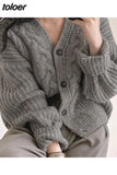 Quality Vintage Solid Cardigan Crop Women V-neck Single Breasted Casual Loose Thick Sweater Knitwear Elegant Winter