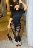 Sexy Black See Through Mesh Backless Short Sleeve Top And Pant 2 Piece