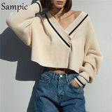 Fashion Sexy Women Korean Preppy Style Knitted Cardigans Sweater Tops Autumn Beige Basic Cropped Sweater Jumpers