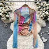 Girls Tie-Dye Mesh Jersey Long-Sleeved T-Shirt Girl Thin Perspective Temperament Fashion Folding
