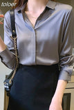 Spring Office Lady Silk Blouse New Satin Shirts Women Chiffon Blouses Turn Down Collar Long Sleeve Tops Casual Loose