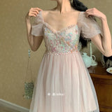 Pink Kawaii Dress Women Party Outing High Waist Elegant Sweet Dress Female Korean Puff Sleeve V-Neck Vintage Causal