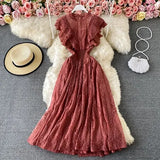 Purple/Green/Red Lace Midi Dress Women Sweet Round Neck Ruffle Vestidos Female High Waist Slim Robe Spring Autumn
