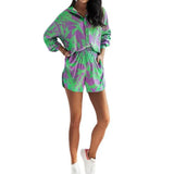 Woman Vintage Long Sleeve Shirt Two Peice Sets Print Shorts Suits Short Pants Suit Two Piece Set Female Casual