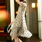 Stylish Polka Dot Printed Chiffon Midi Dress Summer Elegant Folds Patchwork Women's Clothing Loose A-Line O-Neck