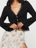 Women Long Sleeve Shirts Crop Tops Lace Trim Front Tie-up Casual Cardigans Club Streetwear Aesthetic Blouses 2024 New-Outfit