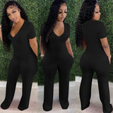 Fall Streetwear Black Pink One Piece Outfit Jumpsuit Women Short Sleeve V Neck Jumpsuits Wide Leg Fashion Bodycon