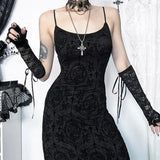 Dark Wind Sexual Personality Cross Flocking Suspenders Dress 2023 New Slim Bag Hip Skirt-Outfit