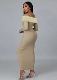 Sexy Kahaki Ribbed With Fake Fur Off Shoulder Long Sleeve Long