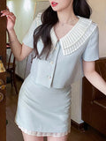 Folds Sweet Two Piece Sets Women Casual Patchwork Chic Skirt Sets Female Designer Button Slim Kawaii Party Sets 2022