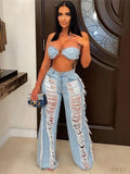 Summer Sexy 2 Two Piece Sets Outfits Women Sleeveless Backless Crop Top Hole Jeans Pants Suits Denim Blue Matching