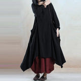 ZANZEA Women Spring O Neck Long Sleeve Cotton Linen Dress Pockets Loose Solid Asymmetric Hem Pleated Flare