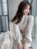 Dresses for Women Party Long Sleeve Midi Patchwork Knitted Sweater Dress Lace Stand Collar A-Line Chinese Style Winter