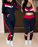 crop top & high waisted pants & hooded jacket casual female set 3 piece clothing set sleeve style collar